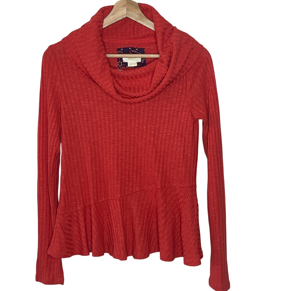 Maeve Anthropologie Red Ribbed Cowl Neck Peplum Top Women's X-Small